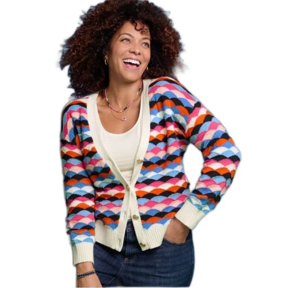 Talbots V Neck Cardigan NWT Scallop Stripe Sweater Button Front Retail $99 Sz SP